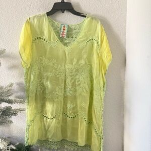 Johnny Was Harva crochet sheer blouse chartreuse
